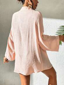 SHEIN Swim 女款純色和服式罩衫，適合海灘度假 - 珊瑚橙 - 查看 2