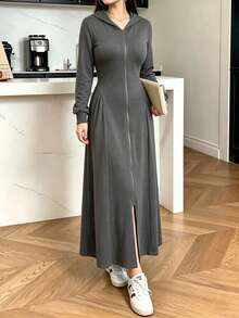 Modelyn Women's Dark Grey Casual Versatile Commuter Homewear Everyday Long Sweatshirt Dress Autumn - Grey - View 4