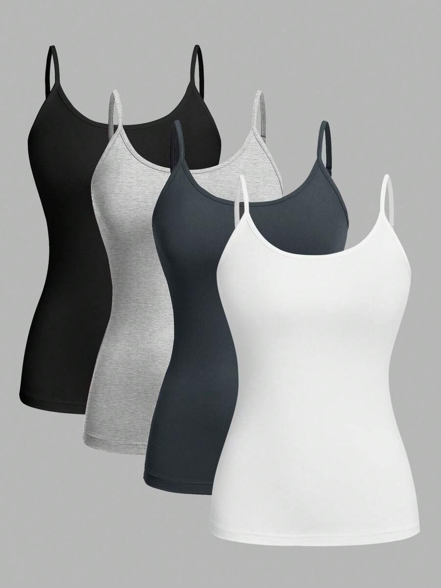 SHEIN EZwear 4件套加大码女式纯色休闲紧身吊带背心,春夏百搭 - 彩色 - 查看 1