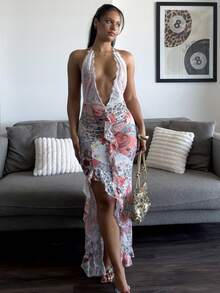 leahseptember New Romantic Ditsy Floral Mesh Printed Vintage Paisley Pattern Sexy Deep V Halter Backless Semi-Sheer Beach Bikini Cover-Up Boho Dress Vacation Party - Pink - View 1