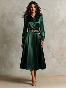 Franclia New Waist Cinching Long Ball Gown Collar Dress For Women, Spring/Autumn - Dark Green - View 1