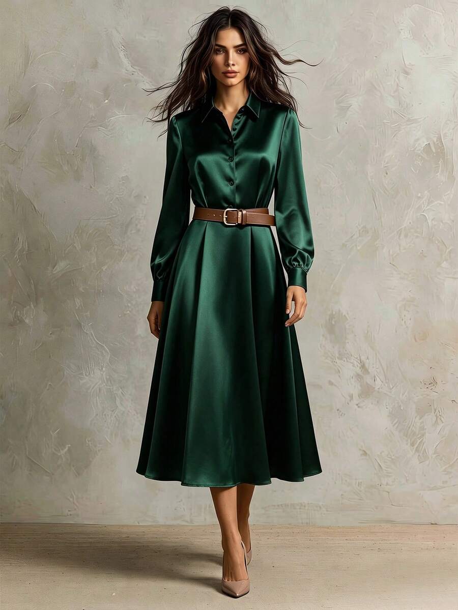 Franclia New Waist Cinching Long Ball Gown Collar Dress For Women, Spring/Autumn - Dark Green - View 1
