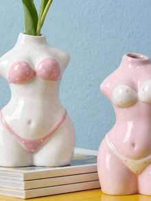 Joivida Jarrón de cerámica con forma de busto, con un estilo minimalista moderno. Esculpido con la silueta de un torso femenino con delicados detalles de bikini, disponible en tonos pastel suaves, que funciona como decoración artística de arreglo floral de mesa. - Multicolor - Ver 6
