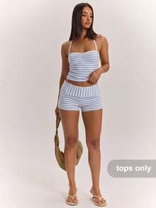 SHEIN BAE 女款夏季黃灰色條紋休閒細肩帶背心上衣，適合日常出遊、夏季度假，百搭時尚背心上衣，夏季背心，條紋背心 - 淺藍色 - 查看 7