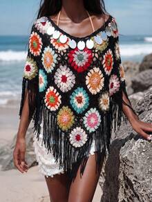 SHEIN Holidaya Women's Vacation Crochet Off-Shoulder Tassel Hem Knit Top (Random Flower Block Color) Beach Black Floral Summer Breezy Sexy - Black - View 5