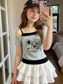 青少年女孩創意清新可愛兔子與貓咪耳機設計趣味字母印花 2合1露肩細肩帶短袖T恤 - 彩色 - 查看 3