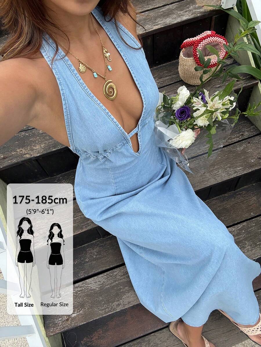 SHEIN Tall 女款性感露背掛脖牛仔洋裝,夏季 - 藍色 - 查看 1