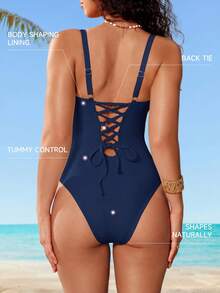 Shapewave Women's Solid Color One-Piece Swimsuit For Beach Vacation - Navy Blue - View 2
