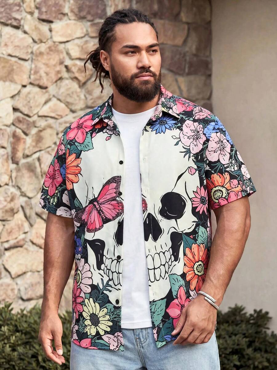 EASEVO Men's Plus Size Summer Casual Floral Skull Print Shirt - Multicolor - View 1