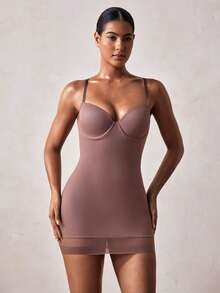 Veilyse Women Shapewear Skirt With Shoulder Straps, Build In Bra, Chest Gathering, Waist Supporting, Tummy Control, Butt Lifting, Mesh Hemline - Brown - View 5