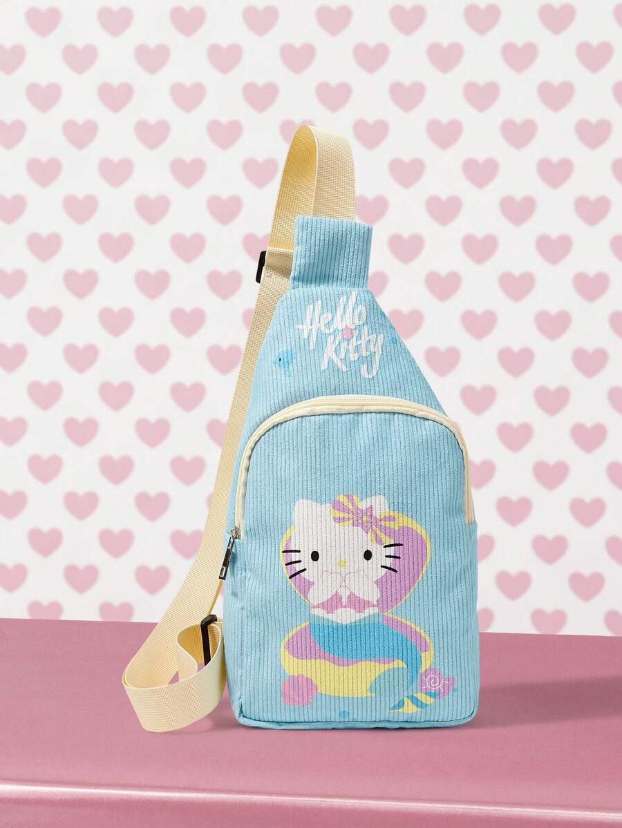 HELLO KITTY AND FRIENDS | SHEIN 藍色燈芯絨美人魚圖案單肩包,休閒可調節肩帶胸包 - 青色 - 查看 1