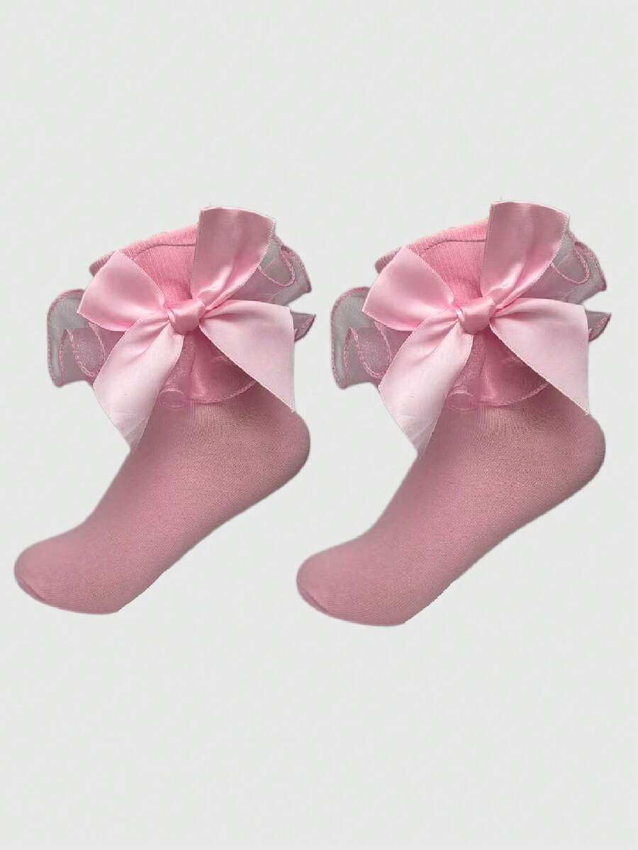 ROMWE Kawaii Women's Contrast Mesh Ruffle Trim Mid-Calf Socks - Pink 88 - View 1