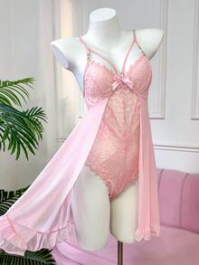 Crystal Vow Sheer Mesh Patchwork 2 In 1 Sexy Lace Women Lingerie Bodysuit Bountiful Floral Splendor - Baby Pink - View 3