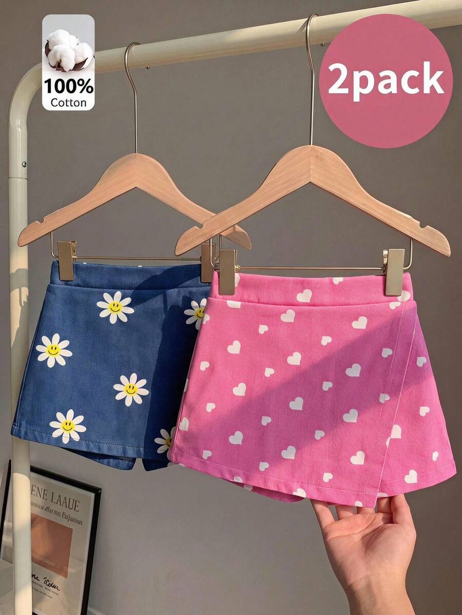 SHEIN Elladie kids 2件組女童幼兒活力度假向日葵愛心笑臉仿牛仔印花不對稱短褲,藍色與粉色,適合夏季出遊 - 彩色 - 查看 1