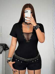 Whyspr Frühling, Sommer, Herbst, Western New Dark Gothic Sexy Hollow Stoff Patchwork Design Ösen leicht transparent Neckholder Bindung V-Ausschnitt T-Shirt Slim Fit schmeichelhaftes Top Damen Off-Shoulder, rückenfrei, Ausgeh-Tops - Schwarz - Übersicht 6