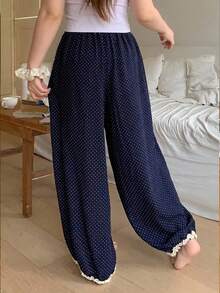 Dazy Plus Elastic Waist Polka Dot Loose Lantern Pants Cute Frill Trim Cuffed Bottom Spring Autumn Pajama Bottoms - Navy Blue - View 6