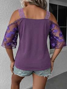 Reflora Camisa casual versátil para uso diario con patrón de encaje floral bordado para mujer de talla grande - Morado - Ver 2