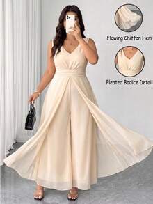 Elenzga Women's Plus Size Elegant Cinched Waist Jumpsuit - Apricot - View 3