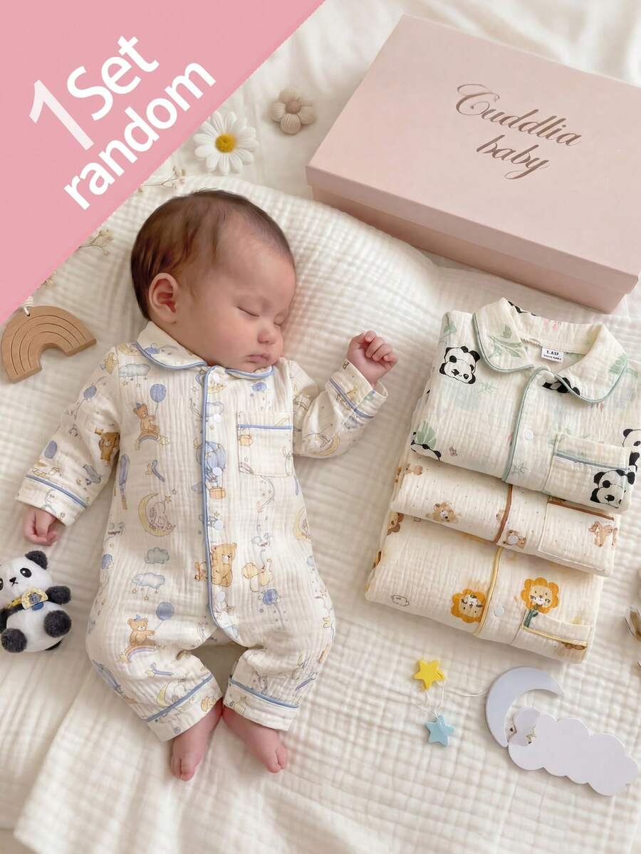SHEIN Vintaside Kids 新生兒舒適柔軟親膚棉感米色獅子熊貓熊月亮兔子印花領口鈕扣前開長袖長褲包邊連身衣4件套 - 彩色 - 查看 1