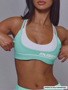 Musera Sport Strappy Double Layered Logo Scoop Neck Cross Back Sports Active Bra Coord Top Only Cute Vintage Y2K Gym Pilates Running Daily Vintage Active - Aqua Blue - View 2