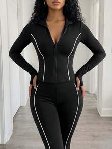 SHEIN BamGlam 2 件套女士秋冬运动套装，全拉链长袖立领撞色条纹夹克和高腰撞色条纹喇叭裤，适合休闲、跑步、瑜伽、健身 - 黑色 - 查看 3