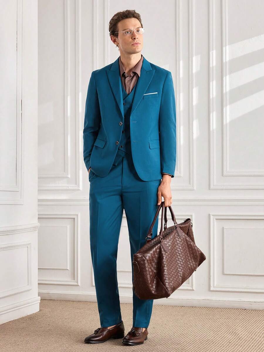 Officeau 男士时尚新款商务纯色修身弹力三件套西装套装,包括西装外套、双排扣背心和工作正装长裤 - 水鴨藍 - 查看 1