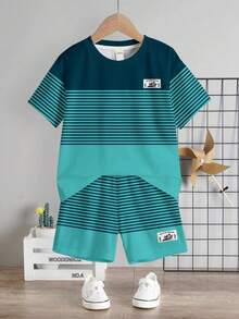 Conjunto de camiseta casual y simple para niño pequeño, estampado de rayas clásico de vacaciones de verano, adecuado para vacaciones, adecuado para primavera y verano - Multicolor - Ver 2