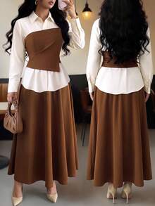 Elenzga Plus Size Women's Summer Elegant Elegant Lapel Long Sleeve Design Brown Patchwork Waist-Cinching Shirt And High Waist Long A-Line Skirt Casual Slimming Daily Commute Two Pieces Set - Brown - View 2