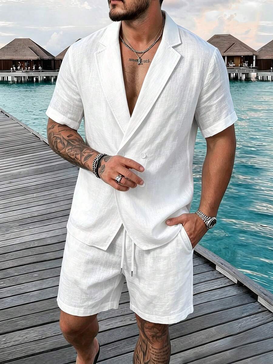 VENTUSAIL 男士短袖襯衫與短褲套裝,竹紋理人造絲聚酯纖維親膚襯衫套裝 - 白色 - 查看 1