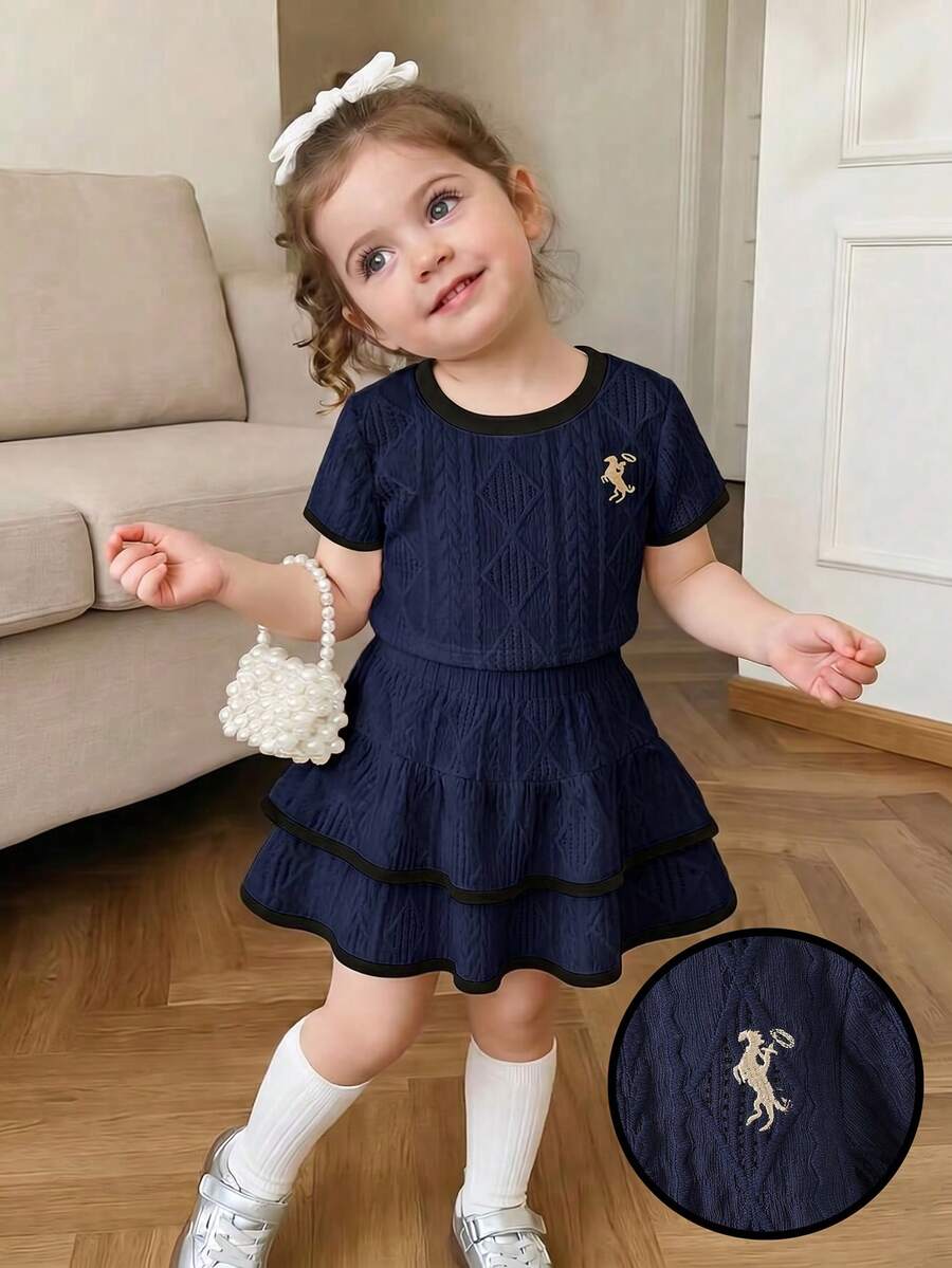 Genkimix Kids 女童刺繡圓領短袖紋理針織T恤與甜美蛋糕裙套裝,適合日常休閒、清新夏季度假、海灘、外出,可愛甜美穿搭 - 藏蓝色 - 查看 1