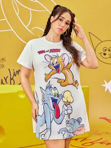 TOM & JERRY X SHEIN 大码卡通字母印花短袖舒适睡裙，夏季 - 白色 - 查看 5