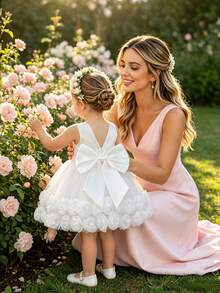 SHEIN Glamorique Kids 女嬰全白薄紗3D花朵洋裝 生日花童派對婚禮公主風 夏季穿搭 優雅可愛學院風 - 白色 - 查看 5