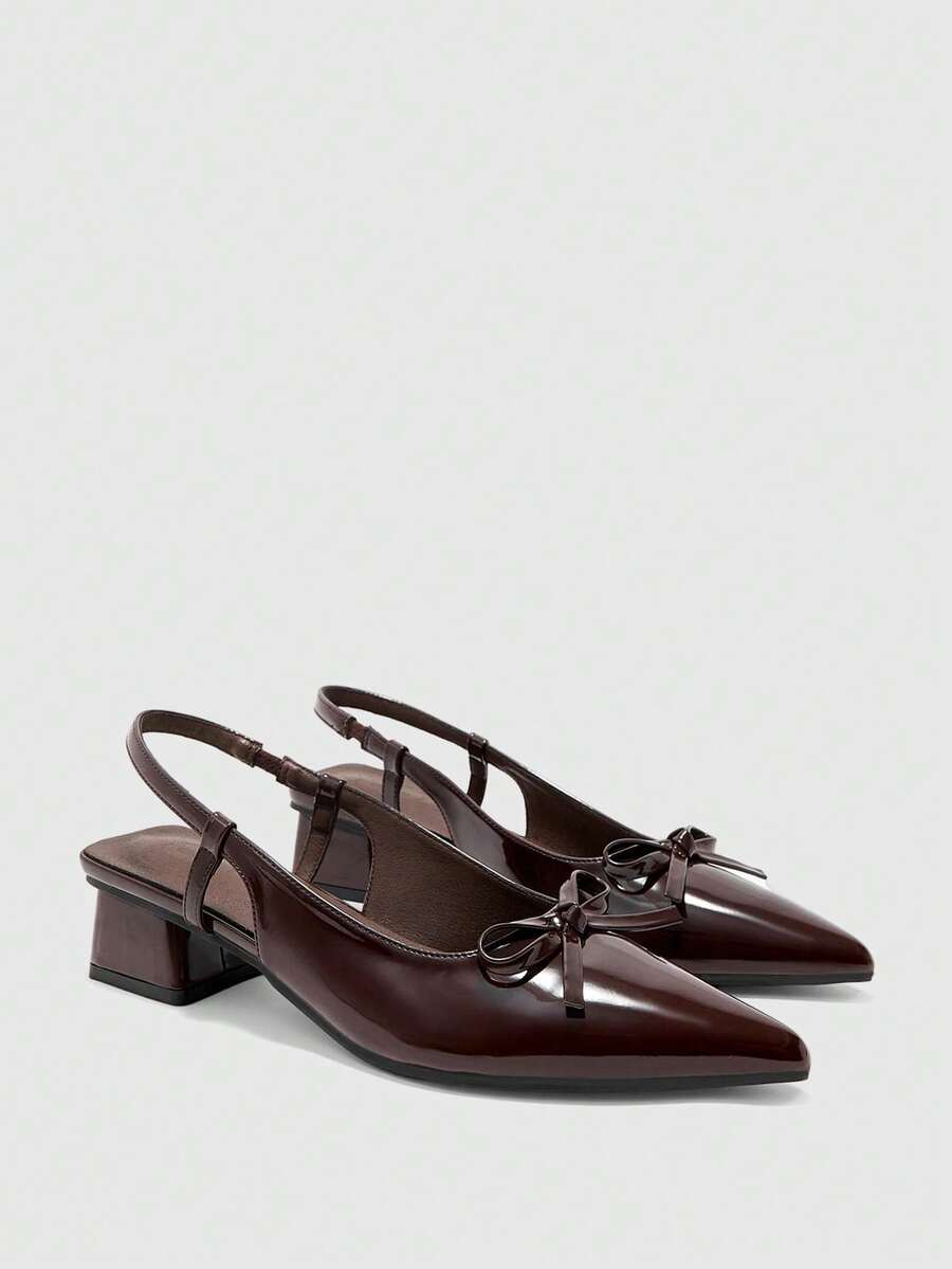 CUCCOO BIZCHIC Zapatos de tacón bajo para mujer, tacón grueso con lazo, PU, para todas las estaciones, elegantes, versátiles para ir al trabajo, oficina, diario, vacaciones y festivales - Café integral - Ver 1