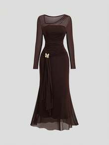 Sweetra Sweet Minimalist Sexy Hot Girl Style Mesh Strapless Bodycon Fishtail Dress Fashion Party Night Out Autumn Elegant Metal Buckle Mature Woman Dark Brown - Brown - View 2