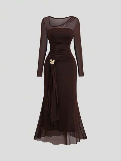 Sweetra Sweet Pure Sexy Hot Girl Style Sexy Mesh Strapless Bodycon Fishtail Maxi Dress Fashion Party Evening Dress Spring Summer Elegant Metal Buckle Embellished Lazy Mature Woman Dress