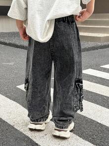 SHEIN Celana Jeans Hitam Longgar Model Distressed Washed Modis untuk Anak Laki-Laki, Dilengkapi Saku Kargo, Santai dan Serbaguna untuk Streetwear Musim Semi - Dark Grey - View 2