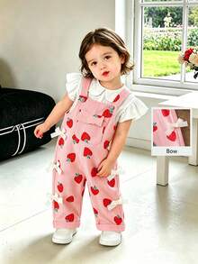 SHEIN Playful Pals Baby Girls Casual Style Corduroy Printed Overalls, Spring/Summer/Autumn/Winter, Pink With Apricot Bow Decor, Loose Straight Leg Fit, Soft Comfortable Fabric, Versatile For Daily Casual Wear - Pink - View 1