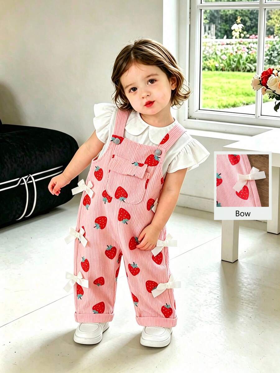 SHEIN Playful Pals Baby Girls Casual Style Corduroy Printed Overalls, Spring/Summer/Autumn/Winter, Pink With Apricot Bow Decor, Loose Straight Leg Fit, Soft Comfortable Fabric, Versatile For Daily Casual Wear - Pink - View 1