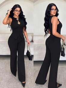 Vavine Elegant Business Casual Women's Office Wear, Metal Rose Flower Button Decor, Sleeveless High Elasticity Slim Fit Sexy Tank Top And Long Pants, 2-Piece Casual Set - Black - View 1