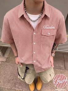 STEELVANCE 男士小格紋短袖襯衫，字母刺繡單口袋經典款，適合正式或休閒場合，休閒度假、晚餐聚會、簡約辦公、居家休閒穿著，百搭自穿或送禮給朋友，熱銷舒適面料襯衫 - 紅色 - 查看 1