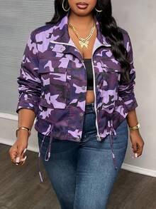 Slaydiva Chaqueta de Talla Grande con Estampado de Camuflaje y Cordón en el Bajo para Uso Diario - Morado - Ver 1