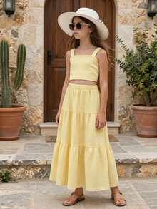 Tween Girls 2Pcs Textured Yellow Square Neck Cami Crop Top + Tiered Maxi Skirt Summer Vacation Outfit Set,Beach Holiday Outfit Bandage Dress - Yellow - View 1