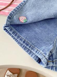 SHEIN Elladie kids 女童休閒可愛圓領標準肩寬粉色條紋草莓刺繡T恤與純色牛仔裙套裝，夏季 - 粉色 - 查看 8
