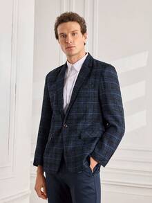 Officeau Men's Old Money Royal Blue Plaid Blazer, For Business Formal/ Evening - Royal Blue - View 5