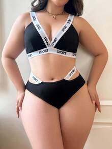 SHEIN 大尺碼女款字母印花拼色內衣與三角內褲內衣套裝 - 黑色 - 查看 3
