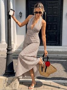 SHEIN PariChic 女款長洋裝、女款格紋洋裝、棕色洋裝、優雅女款洋裝、夏季女款洋裝 - 棕色 - 查看 6