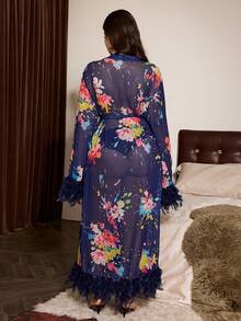 Slumberist Graffiti Oil Painting Floral Feather Patchwork Plus Size Robe, Sheer Mesh Long Beach Night Cover-Up Navy Blue Summer - Navy Blue - View 2