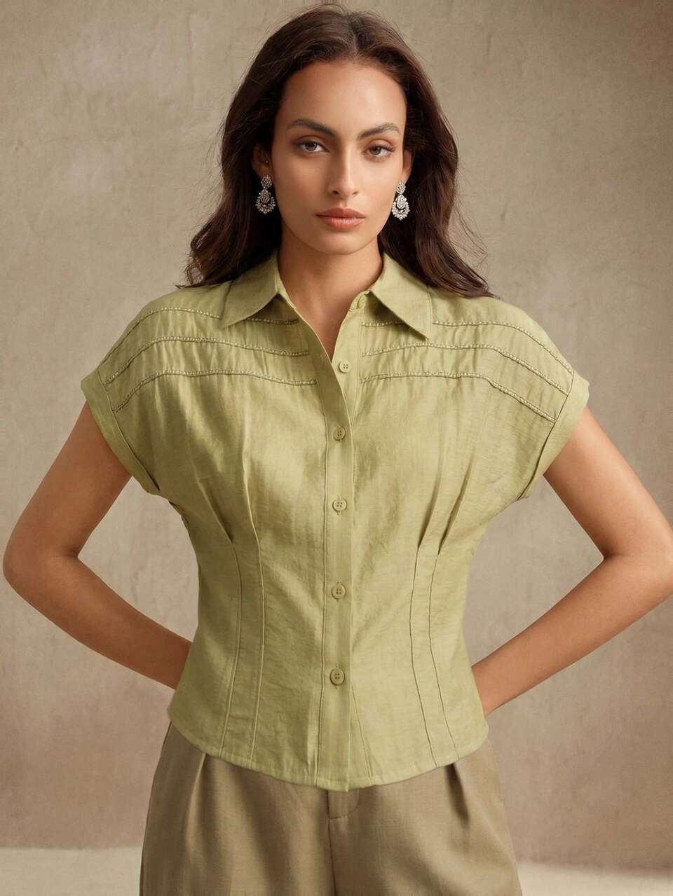 Women's Short Sleeve Shirt Collar Waist-Cinching Faux Linen Tencel Fabric Elegant Blouse