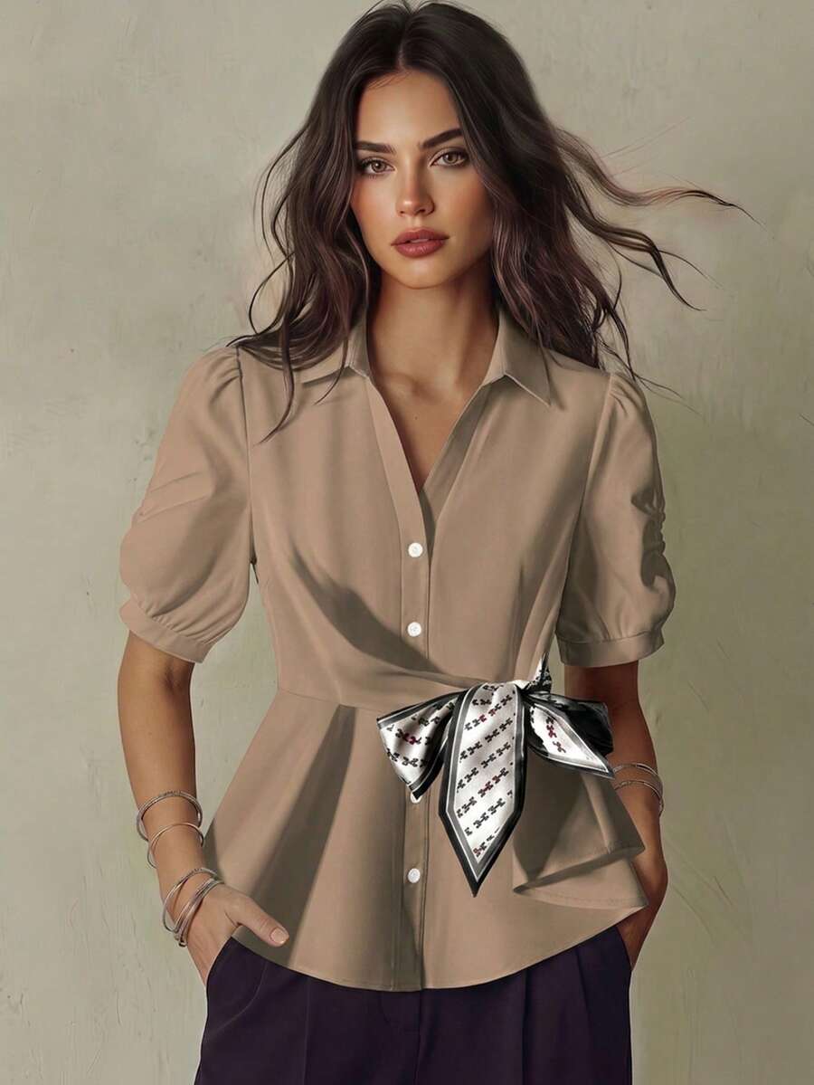 Franclia 女式 Polo 领纯色收腰短袖围巾百搭白色夏季衬衫 - 卡其色 - 查看 1