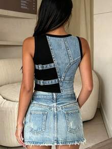 INAWLY Solva Women's Denim Effect Print Crew Neck Casual Cropped Tank Top - Multicolor - View 2